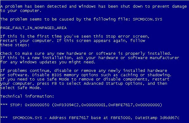 SPCMDCON.SYS PAGE_FAULT_IN_NONPAGED_AREA 